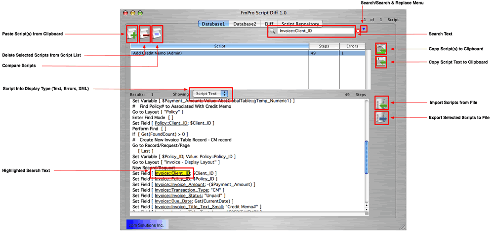 FmPro Script Diff - Database1/Database2 Screen - MacOSX