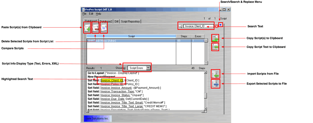 FmPro Script Diff - Database1/Database2 Screen - Windows