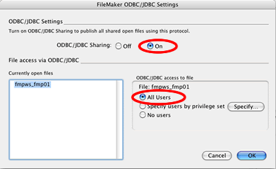 [Figure 28 - Enable FileMaker 7 ODBC/JDBC Sharing for All Users] 