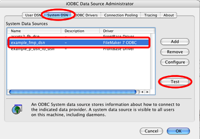 [Figure 34 - Test the FileMaker 7 ODBC DSN - Click the Test Button]