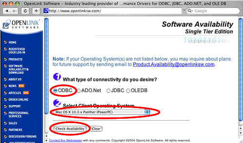 [Figure 16 - Click the Radio Button for ODBC, Select MacOS X Version Menu, Then Click the Check Availability Button] 